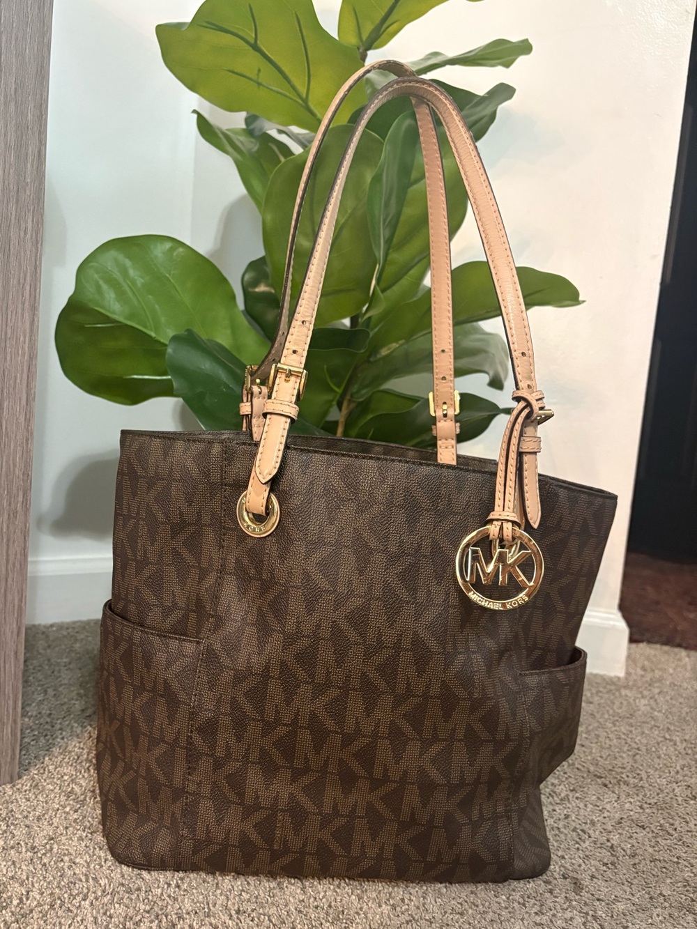 Michael Kors Brown MK Logo Jet Set Tote